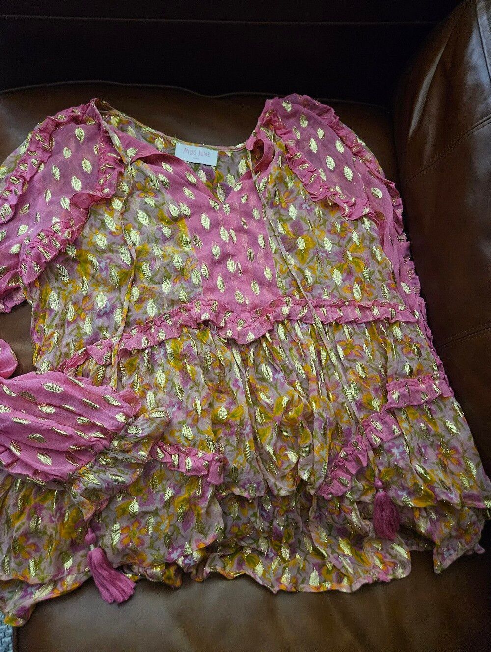 Miss June Paris ONE SIZE Womens Pink Floral Ruffle Top